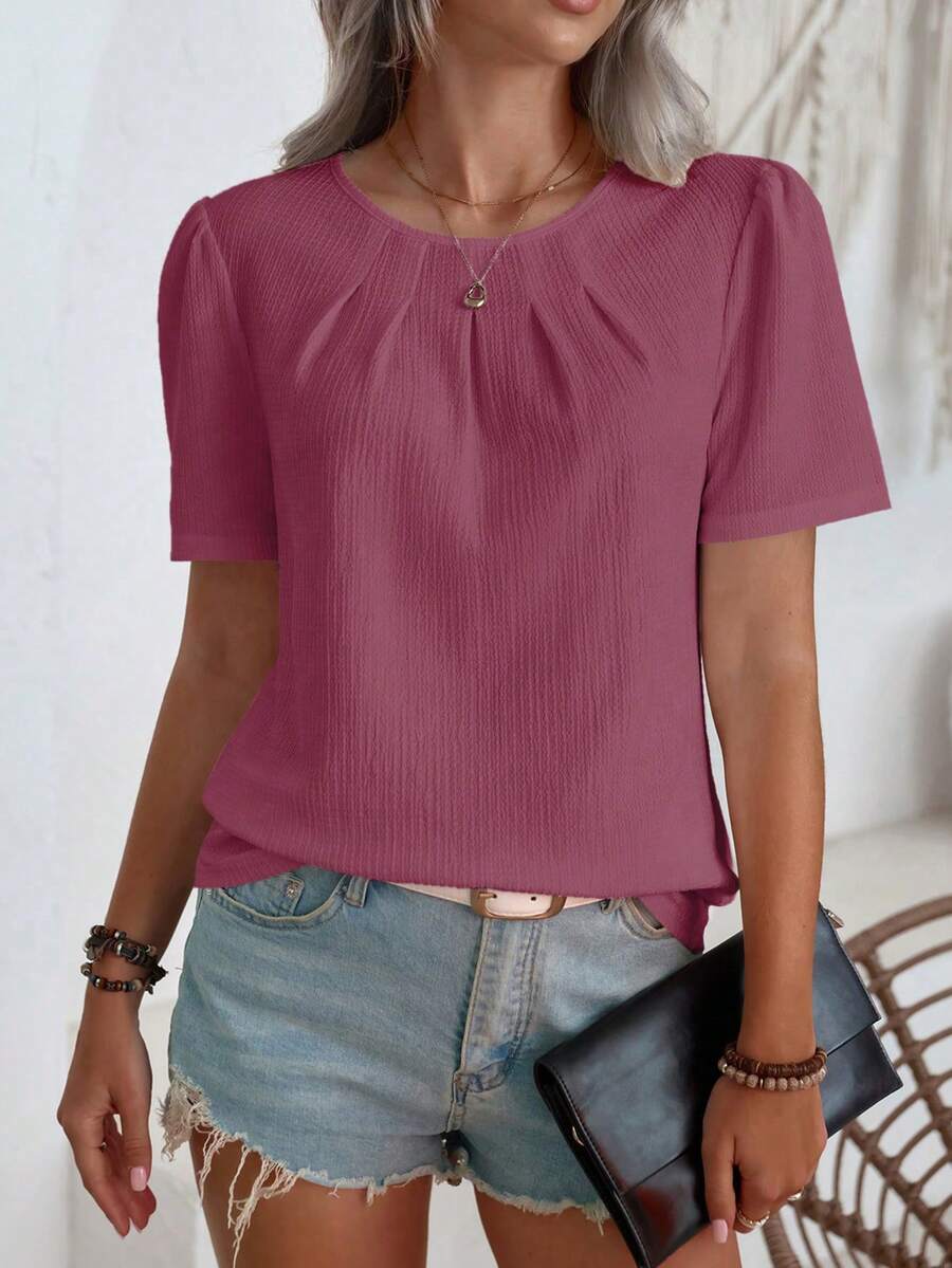 SHEIN LUNE Áo kiểu nữ cổ tròn tay ngắn phồng màu trơn dáng rộng thoải mái - Màu Hồng Tươi - Xem 1