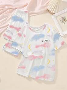 1set Tween Girls Pajamas Set, Fashion New Cloud, Star & Moon Print Short Sleeve Top And Pants, Sleepwear Soft Pajamas Set - White - View 5