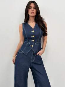 Firerie Women's V-Neck Single-Breasted Fitted Vest And Jeans Suit