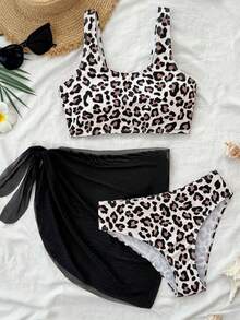Tween Girls 3 PiecesLeopard Print Bikini Set, Includes Leopard Print Camisole And Triangle Bikini Set, Casual Fashionable Summer Essential - Black - View 3
