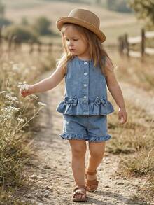 SHEIN Vintaside Kids 2pcs Casual Fashion Versatile Bow Decor Denim Sleeveless Top And Shorts Set, Suitable For Summer, Home, Outdoor, Vacation, Daily Wear - Multicolor - View 5