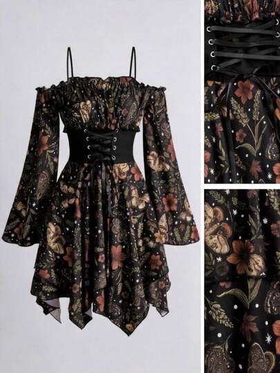 ROMWE Fairycore Hippie Autumn Leaf Forest Witch Floral Plant Leaf All-Over Print Criss-Cross Backless Off-Shoulder Mini Dress