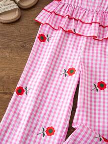 女童休闲可爱粉色格子印花连体裤，百搭时尚，春夏新品 - 粉色 - 查看 8