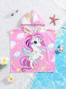 SHEIN 女婴可爱休闲粉色卡通图案连帽宽松泳衣罩衫 - 彩色 - 查看 2