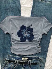 少女春夏街头风，基础款，休闲百搭，运动风白色露肩字母印花短款上衣，返校季服装 - 淺灰色 - 查看 3