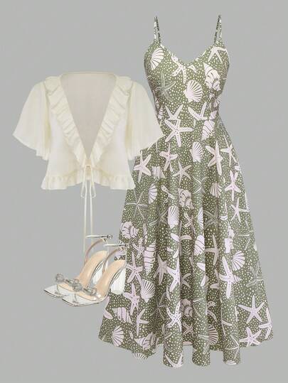 Franclia Conjunto de 2 piezas de mujer talla grande: Chaqueta tipo cárdigan de gasa semitransparente con volantes y lazo en unicolor, y vestido maxi con escote en V y tirantes finos. Ropa de mujer romántica y elegante para verano, uso al aire libre, casual, ocio francés y fiestas.