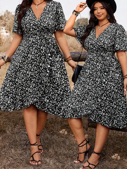 Ceyna Plus Size Woven Crossed V-Neck Cinched Waist Short Sleeve Asymmetric Ruffle Hem Dress, Spring/Summer Curve Vacation Outfits Women Plus Size Women's Clothing Stores Online Plus Size Floral Dresses Plus Size Summer Dresses For Women Plus Size Women's Summer Outfits