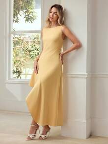 MOTF PREMIUM 女士优雅不对称下摆中长连衣裙，适合春夏场合 - 芥末黃 - 查看 8