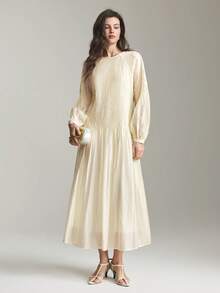 Ontre 2026春夏新款女士长裙，杏色，舒适柔软梭织面料，宽松圆领长袖，现代都市时尚商务休闲办公装，低调优雅气质，高品质机场/邮轮穿搭，婚礼宾客礼服，简约奢华感，四季皆宜，A字版型，时尚畅销款 - 杏色 - 查看 3