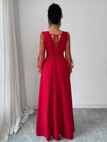 Elenzga Women's Elegant Deep V-Neck Lace Patchwork Long Sleeve High Slit Dress, Suitable For Graduation, Holidays, Valentine's Day, Music Festivals, Mother's Day, Thanksgiving, Easter, National Day, Balls, Dates, Parties, Weddings, Outdoor Activities, Spring/Summer - Red - View 2