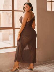 Swim Oasis Plus Size Women 2pcs Set One Shoulder Coffee Mesh Patchwork Ruched One Piece Swimsuit With Coffee Mesh Long Pants, Summer Beach Holiday - Coffee Brown - View 4