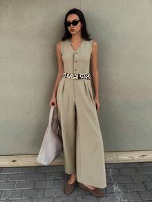 Livesso Sleeveless V-Neck Solid Color Jumpsuit, Elegant Office Wear For Spring Romper - Khaki - View 3