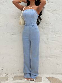 Sunnyshic Bộ áo liền quần denim nữ kiểu dáng thường ngày, có túi, thích hợp cho kỳ nghỉ. - Rửa nhẹ - Xem 6