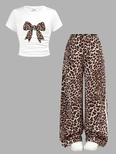 SHEIN Girlism Tween Girl Casual Street Fashion White T-Shirt With Leopard Print Bow Design & Leopard Print Pants Set
