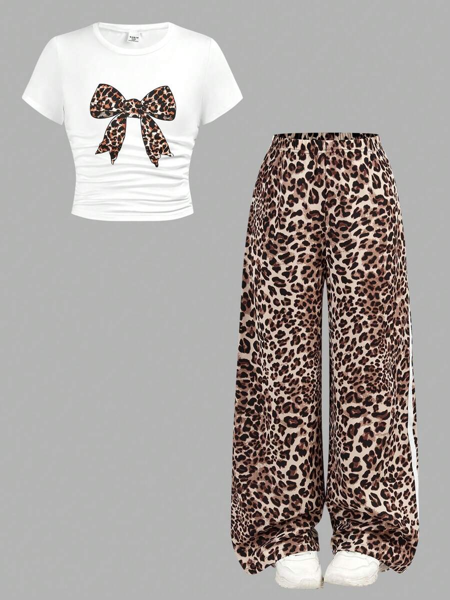 SHEIN Girlism Tween Girl Casual Street Fashion White T-Shirt With Leopard Print Bow Design & Leopard Print Pants Set - White - View 1