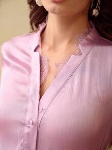 ZEYLAH 两件套印花衬衫，饰有3D立体花卉图案，搭配宽松薄纱阔腿裤，春夏款 - 紫色 - 查看 2