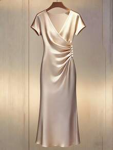 Franclia 优雅通勤交叉V领荷叶边珍珠纽扣修身连衣裙（女款）