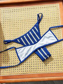 Swim Mod Conjunto de bikini de 2 piezas a rayas para vacaciones en la playa, sexy, para mujer, Primavera/Verano 2026 - Azul - Ver 4