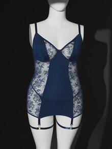 Plus Size Sexy Lace Trim Milk Silk Nightgown + G-String + Garter 4-Piece Set - Navy Blue - View 8
