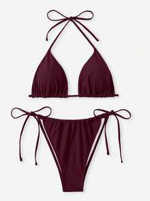 SHEIN Swim Curve Bộ bikini gợi cảm hở lưng, buộc dây cổ, màu trơn dành cho nữ cỡ lớn, thích hợp cho kỳ nghỉ hè trên bãi biển. - Màu Đỏ Sâu - Xem 3