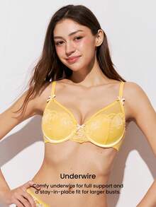 LUVLETTE Soft Woman Lingerie Breathable Underwire Sexy Unlined Minimizer Yellow Floral Lace & Sheer Mesh Bra