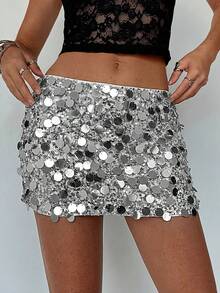 Aloruh Women's Sexy Low Waist Sequin Embroidered Mini Skirt For Party - Silver - View 7