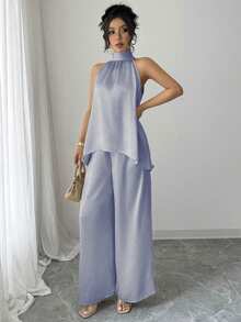 Elenzga 两件套轻盈丝滑褶皱吊带背心和高腰阔腿宽松裤套装，优雅夏季女士套装 - 藍色 - 查看 7