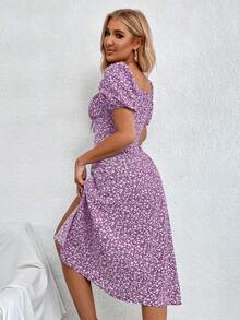 Breezaya Đầm hoa nhí lãng mạn, xẻ tà, thanh lịch, thắt nơ phía trước. - Màu Lilac Tím - Xem 2