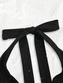 Olithes Robe décontractée en tissu noir brillant avec col ras-du-cou, taille nouée, double volant à l'ourlet, convient pour les sorties, le travail, les rendez-vous, les fêtes, les rassemblements, le thé de l'après-midi - Noir - Voir 3