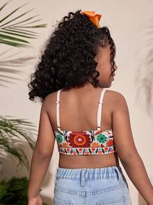 Young Girl Tropical Floral Print Curved Hem Triangle Back Tank Top, Summer - Multicolor - View 2