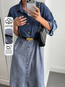 Livesso 女士休闲宽松渐变扎染直筒牛仔连衣裙，优雅百搭，适合办公室通勤、秋冬季节穿着 - 淺色水洗藍 - 查看 1