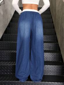 SHEIN Teenager Mädchen Y2K Herbst Blaue & Weiße Lässige Gestreifte Weite Bein Jeans Hose, Mit Kontrastierendem Bund Und 2-in-1 Design - Mittele Waschung - Übersicht 2