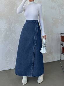 Women's Casual A-Line Denim Skirt For Everyday Wear, Autumn - Dusty Blue - View 6