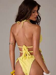 SHEIN BAE 2pcs/Set Women's Yellow Bikini Swimsuit,2026 Summer New Arrivals: Women's Yellow Pleated Textured Bikini Set, Cute Beachwear/Vacation Set, Sexy Party/Music Festival Women's Swimwear, Women's Beach Vacation Set, Women's Beach Bikini, Elegant Women's Beach Swimwear, Vacation Set, Women's Bikini Set, Women's Swimwear, Beach Party, Pool Party - Light Yellow - View 2