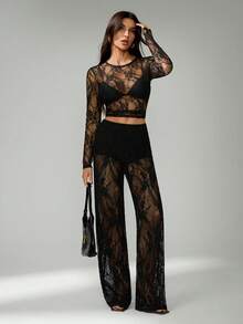 SHEIN Tall Pantalones largos de encaje transparente de unicolor para mujer, pantalones de moda, atuendos de vacaciones para mujer, pantalones transparentes de encaje, conjunto de encaje para mujer, atuendos de vacaciones para mujer - Negro - Ver 8