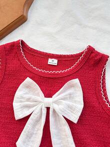 SHEIN Playful Pals 2件套 女童可爱提花针织蝴蝶结装饰无袖上衣+牛仔百褶裙 甜美休闲套装，适合夏季日常穿着、旅行或拍照 - 紅色 - 查看 4