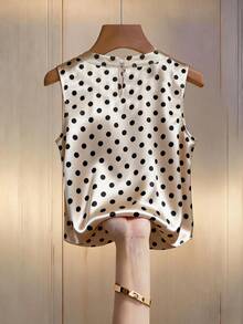 Franclia 新款女士春夏缎面波点吊带背心，香槟色优雅圆领上衣 - 杏色 - 查看 2