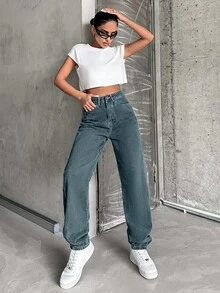 EURMUSE Women's High Waist Pocketed Washed Casual Loose Fit Jeans - Baby Blue - View 4