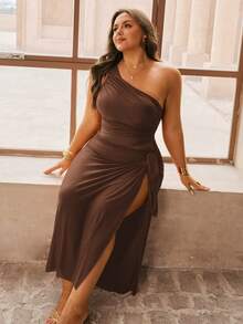 Swim Oasis Plus Size Women 2pcs Set One Shoulder Coffee Mesh Patchwork Ruched One Piece Swimsuit With Coffee Mesh Long Pants, Summer Beach Holiday - Coffee Brown - View 7