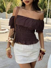 Livesso Brown Ruffled Off-Shoulder Vacation Blouse For Women Summer - Coffee Brown - View 3