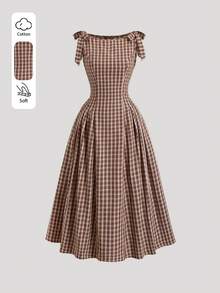 Sweetra 女士船领浪漫复古格子学院风系带蝴蝶结腰身优雅无袖A字连衣裙，春夏款 - 咖啡 - 查看 1