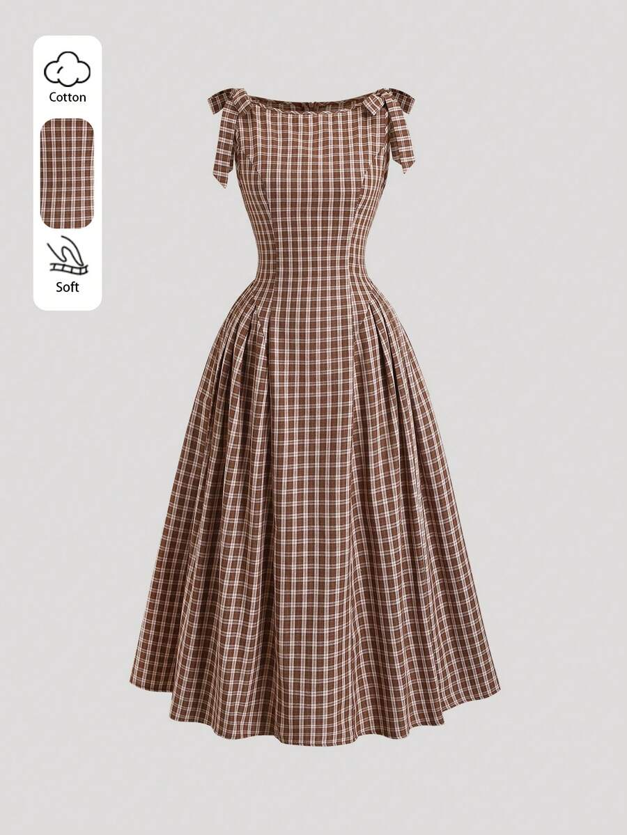 Sweetra 女士船领浪漫复古格子学院风系带蝴蝶结腰身优雅无袖A字连衣裙，春夏款 - 咖啡 - 查看 1