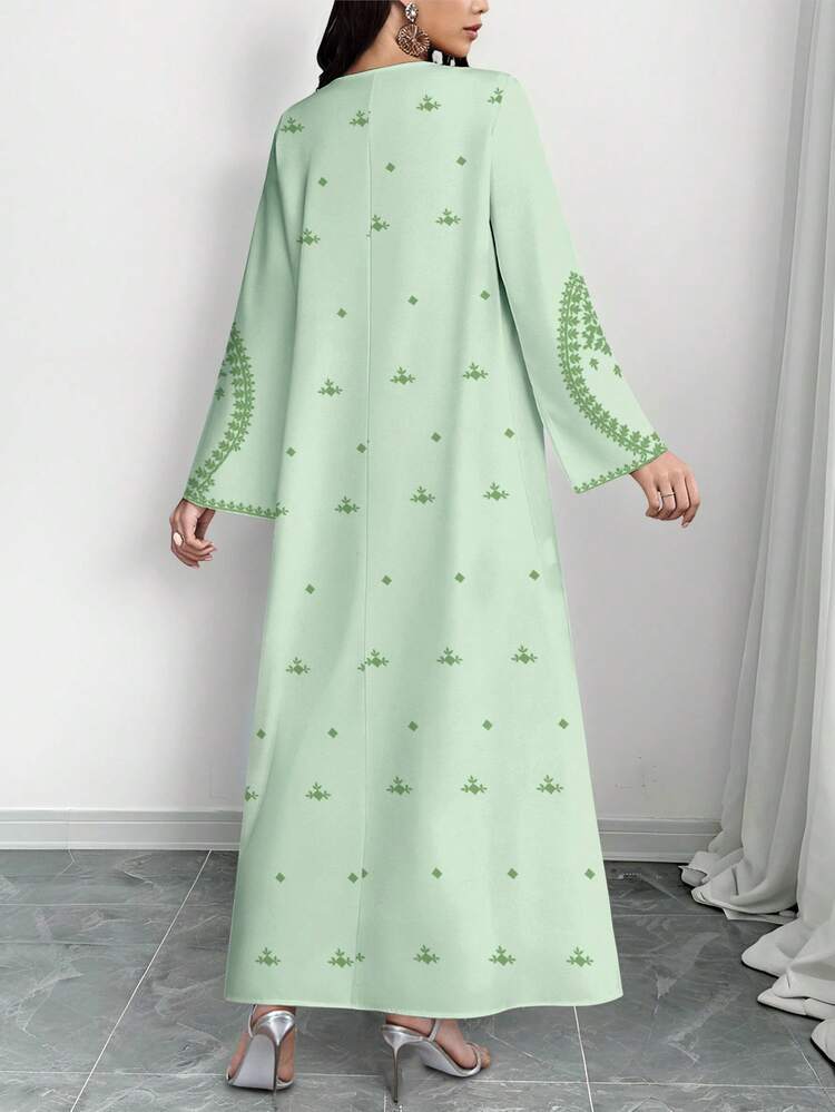 SHEIN Najma Women's Floral Vine Pattern Digital Print V-Neck Long Sleeve Elegant Arabic Style Maxi Dress, Spring - Multicolor - View 2