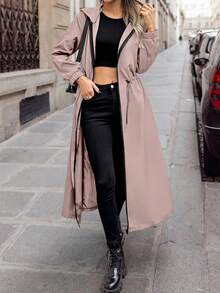 SHEIN LUNE 女式纯色长袖抽绳腰连帽长款休闲风衣，秋季 - 藕粉色 - 查看 3