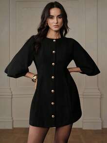 Vestido de punto de espiguilla de manga farol elegante, diseño de moda, calidad de alta gama - Negro - Ver 4