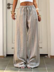 Muchica New Women's Yellow Striped Cotton-Linen Knit Drawstring Casual Pants, Perfect For Summer Beach Vacations. - Multicolor - View 3