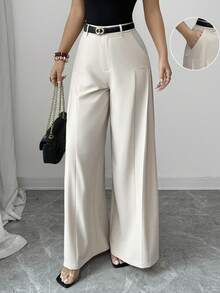 Elenzga Women's Spring/Summer Elegant Pleated Design Straight Leg Trousers With Pockets, Casual Workplace/Romantic/Vacation Wear, Light Khaki - Apricot - View 1