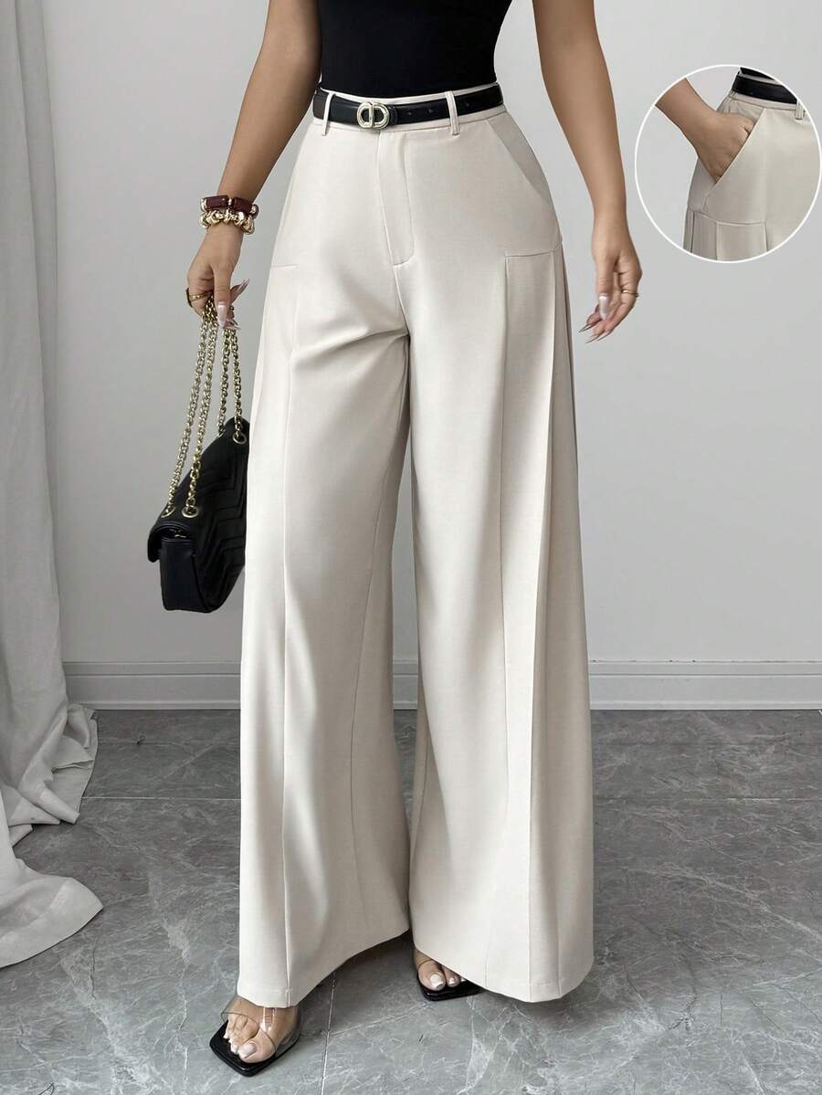 Elenzga Women's Spring/Summer Elegant Pleated Design Straight Leg Trousers With Pockets, Casual Workplace/Romantic/Vacation Wear, Light Khaki - Apricot - View 1