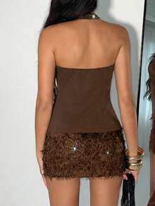 SHEIN Unity 1 chiếc áo nữ màu đen cổ yếm cổ chữ V sâu đính sequin ôm sát gợi cảm dự tiệc - màu nâu - Xem 2