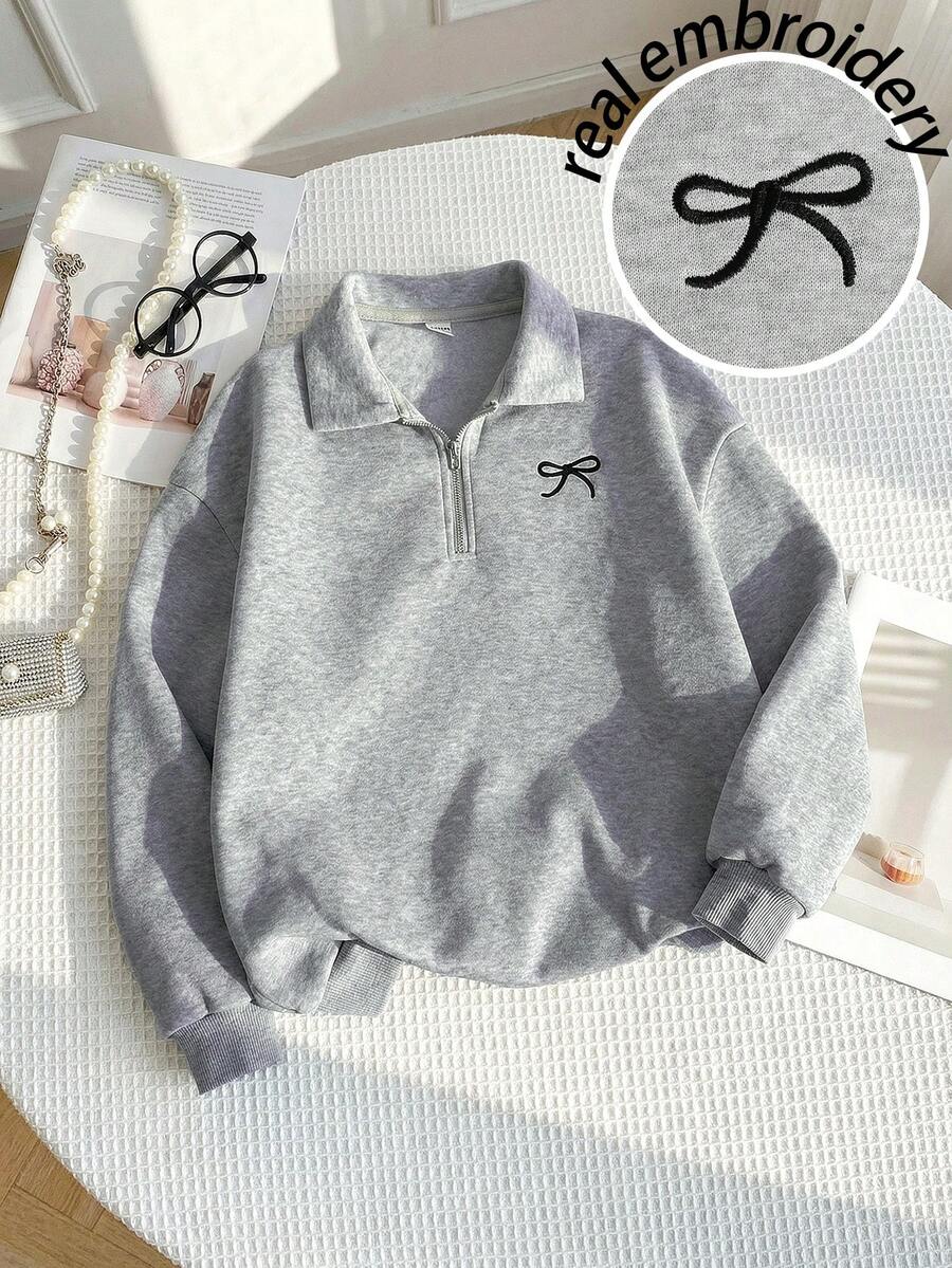 SHEIN Tween Girl Casual Basic Half-Zip High Neck Delicate Bow Embroidered Floral Gray Thermal Lined Thick Pullover Sweatshirt
